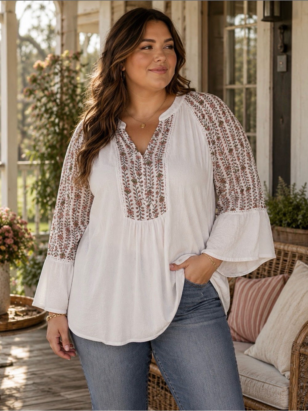 Indigo Rose Cottagecore Bohemian peasant Bib Bell Sleeve Top Blouse plus SZ 3X - Picture 2 of 11